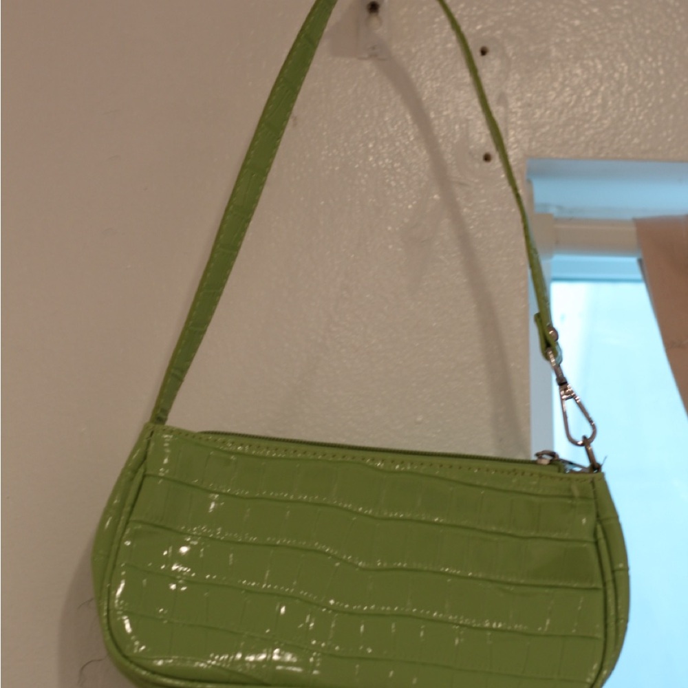 Lime Green Glossy Shoulder Bag with Crocodile Texture